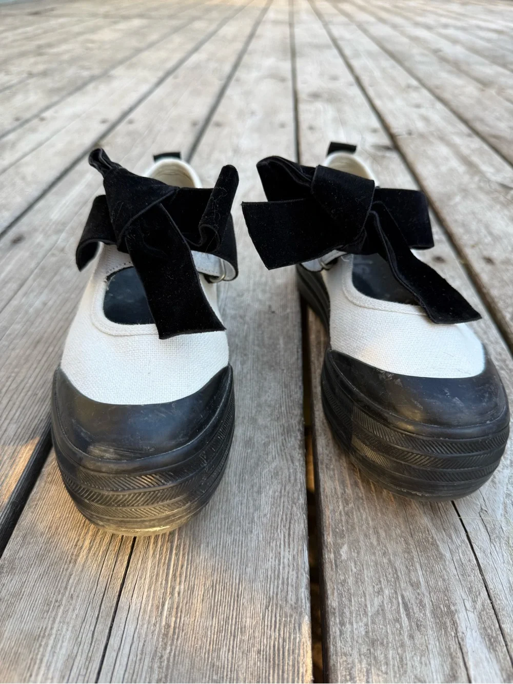 Keds White Canvas Platform Flats with Black Velvet Bow